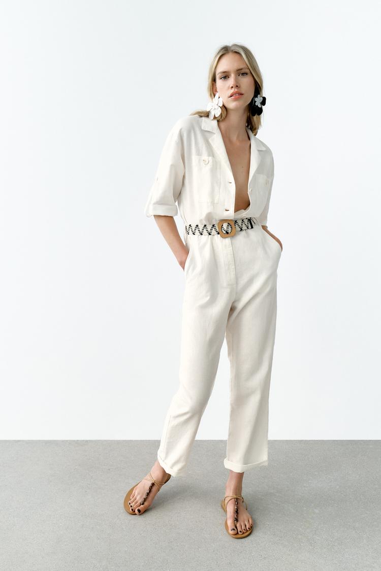 ZARA BELTED LINEN BLEND hotsell JUMPSUIT